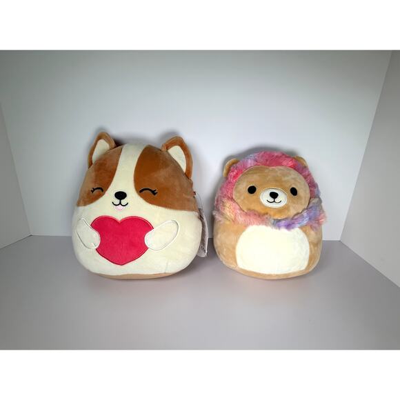 Squishmallows Regina 8" Valentine Corgi NWT & Leonard 7" Rainbow Mane Set - Picture 1 of 6